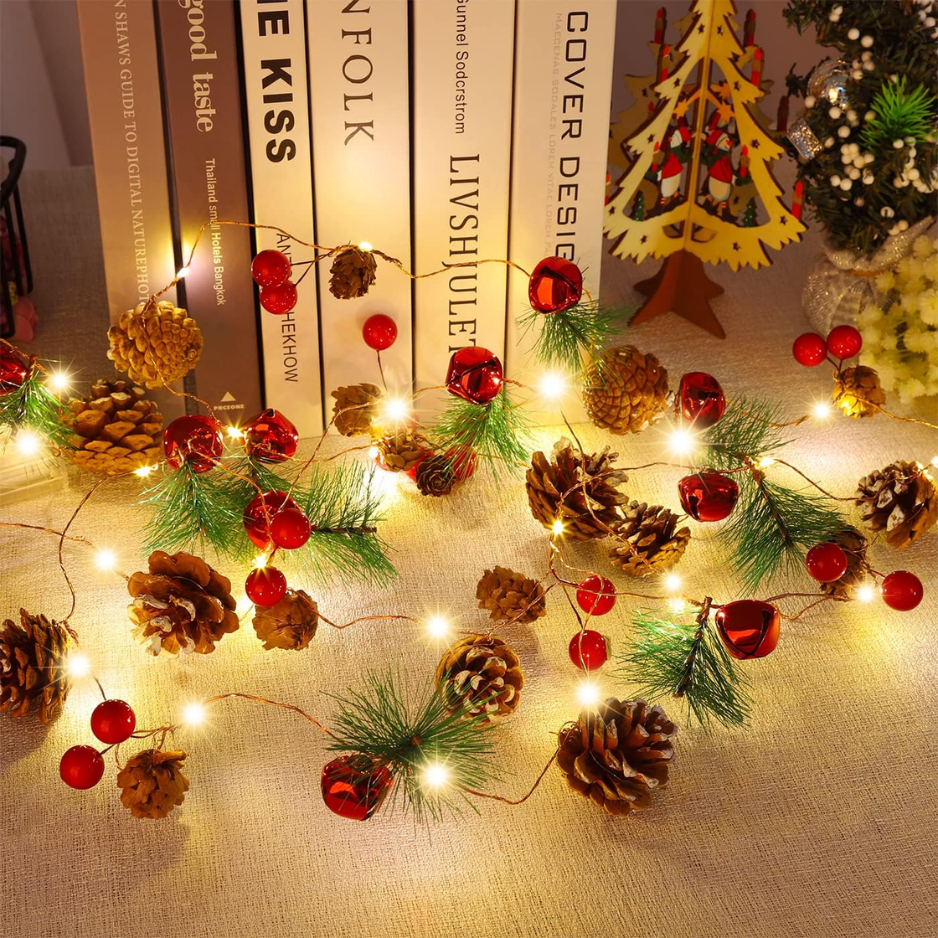 Christmas Garland With String Lights,Indoor Home Fireplace Xmas Decor 10 Ft, 30 LED, Pine Cone Red Berry Bells, Indoor Christmas Decorations For Home - RED