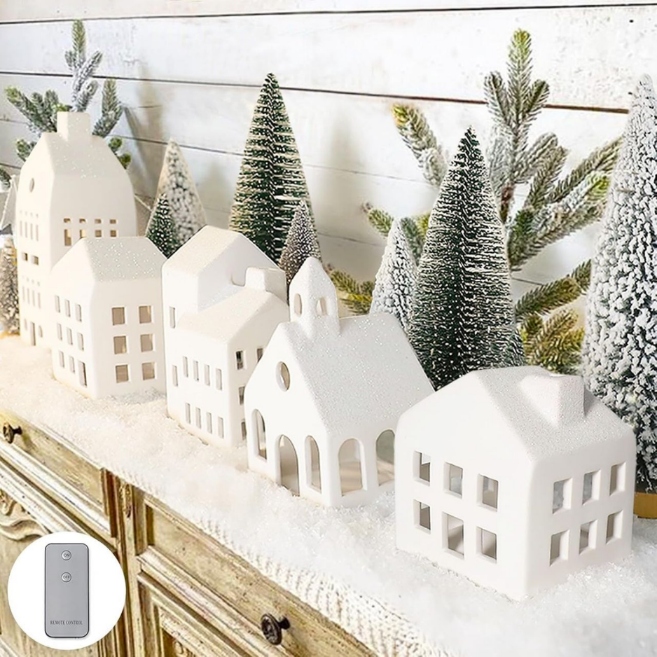 Christmas Decorations Village Sets Of 5 Lighted Ceramic Houses  9 Trees - WHITE