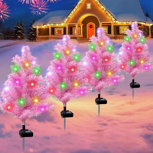 Solar Christmas Tree Outdoor Decor, Waterproof Solar Xmas Decorations Garden Stake Lights, Multi-Color LED Christmas Décor For Outside Landscape Pathway Porch Yard Holiday (4 Pcs Pink) - 4pcsChristmastreesPink