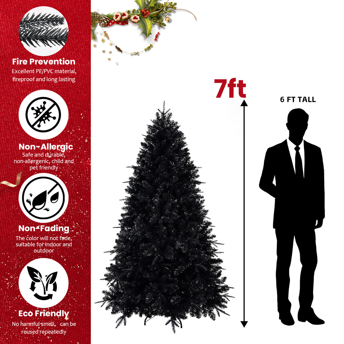 Prelit Black Christmas Tree With White Lights Artificial Fake Christmas Tree With PE&PVC Branch Tips For Halloween And Xmas Tree For Holiday Decorations, Metal Stand And Hinged Branches - 7ft