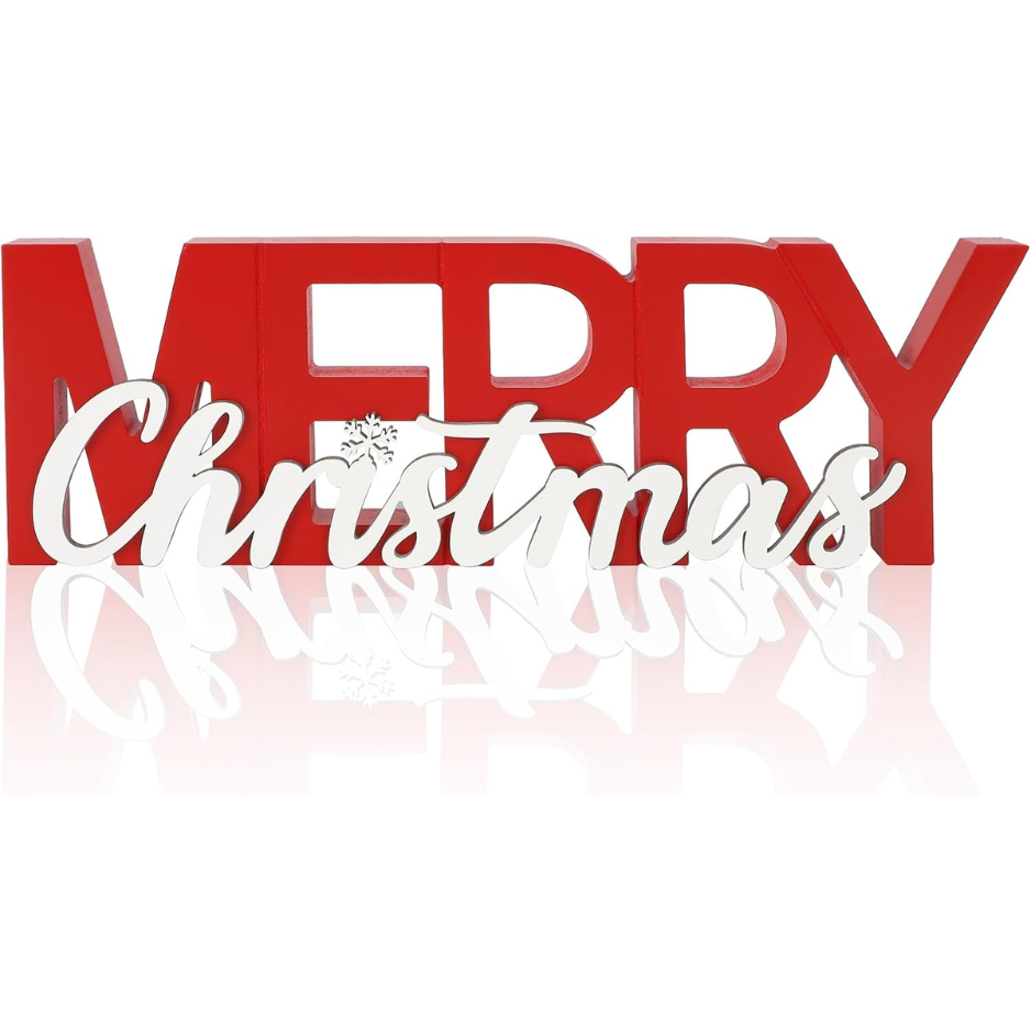Wooden Merry Christmas Sign, Winter Decorations For Home, Office, Shelf, Mantel, Indoor, Wood Snowflake Decor, Red White Table Top Party Decoration - RED
