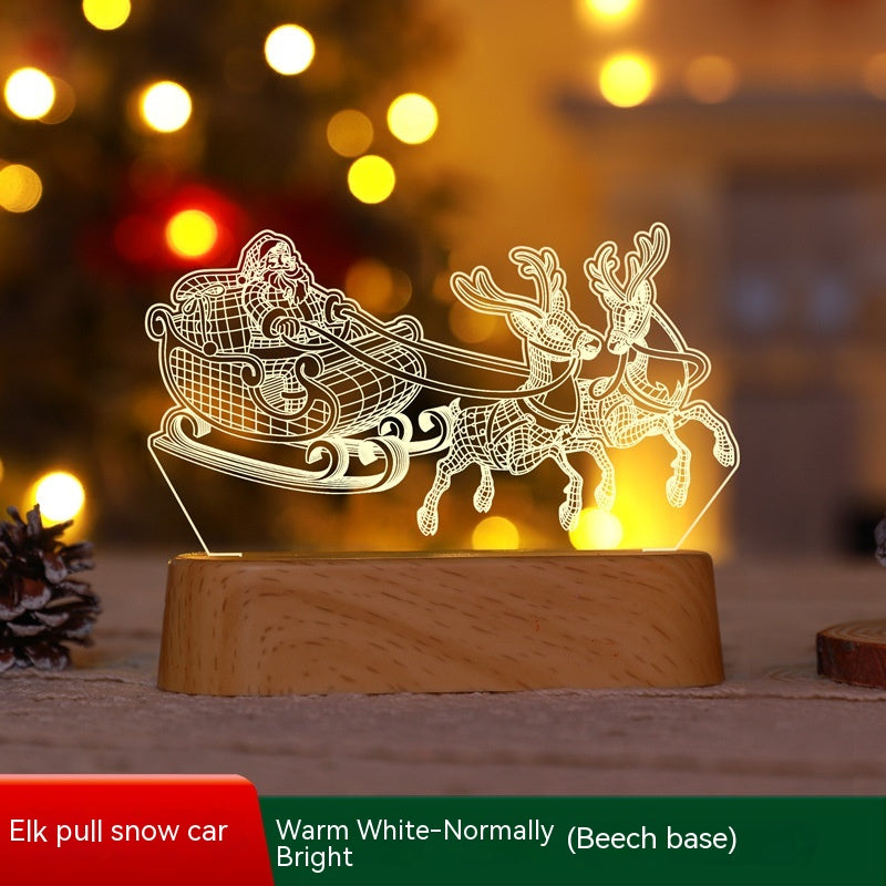Christmas Decoration 3D Lamp Acrylic LED Night Lights New Year Valentines Day Christmas Kids Gift Christmas Ornaments - Elk Pull Snowmobile Wood Grain/Warm White