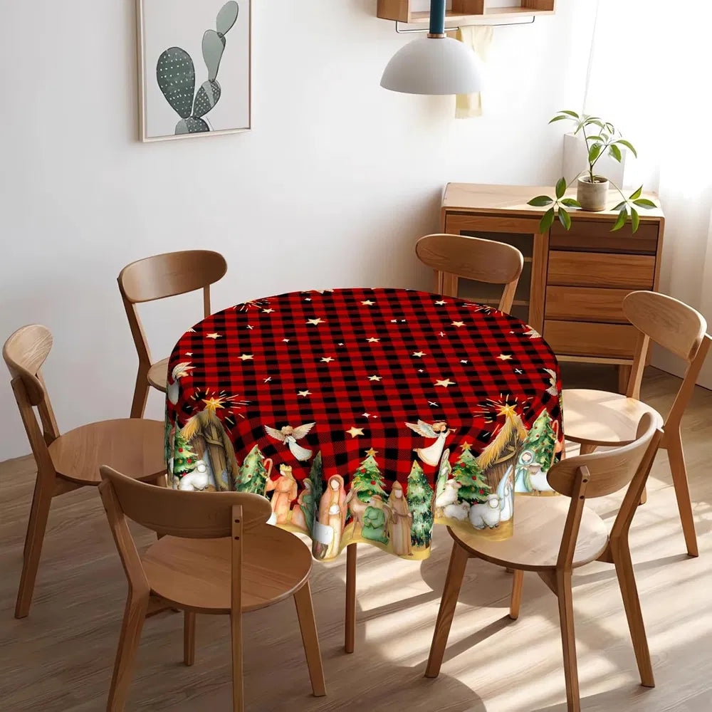 Christmas Round Tablecloth 60 inch Christmas Nativity Table Cloth Xmas Tree Table Cloths Decorations for Home Kitchen Dining Red Buffalo Plaid - Christmas Nativity Red Buffalo Plaid
