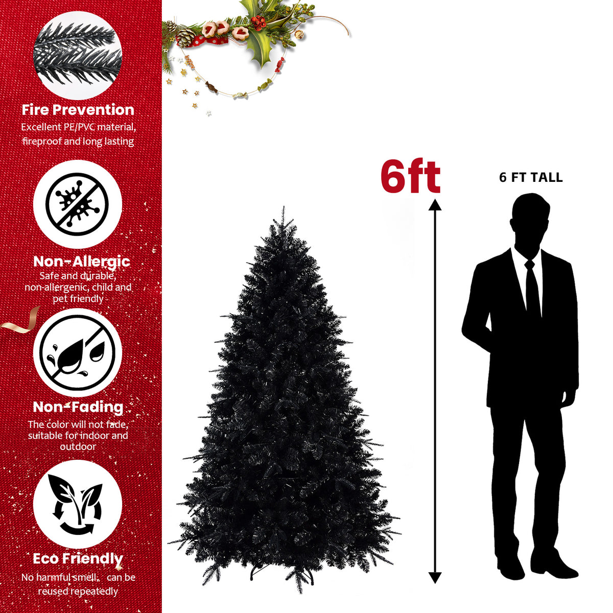 Prelit Black Christmas Tree With White Lights Artificial Fake Christmas Tree With PE&PVC Branch Tips For Halloween And Xmas Tree For Holiday Decorations, Metal Stand And Hinged Branches - 6ft