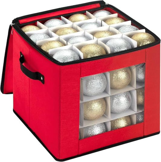 Christmas Ornament Storage Box For 64 Decorations, Durable Holiday Ornament Organizer With Compartments For Safe Seasonal Storage - Red