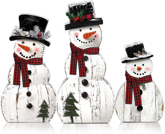 3 Pack Snowman Christmas Decorations, Rustic Wooden Holiday Figurines For Indoor Home Decor, Tabletop, Shelf, Mantel & Entryway - White