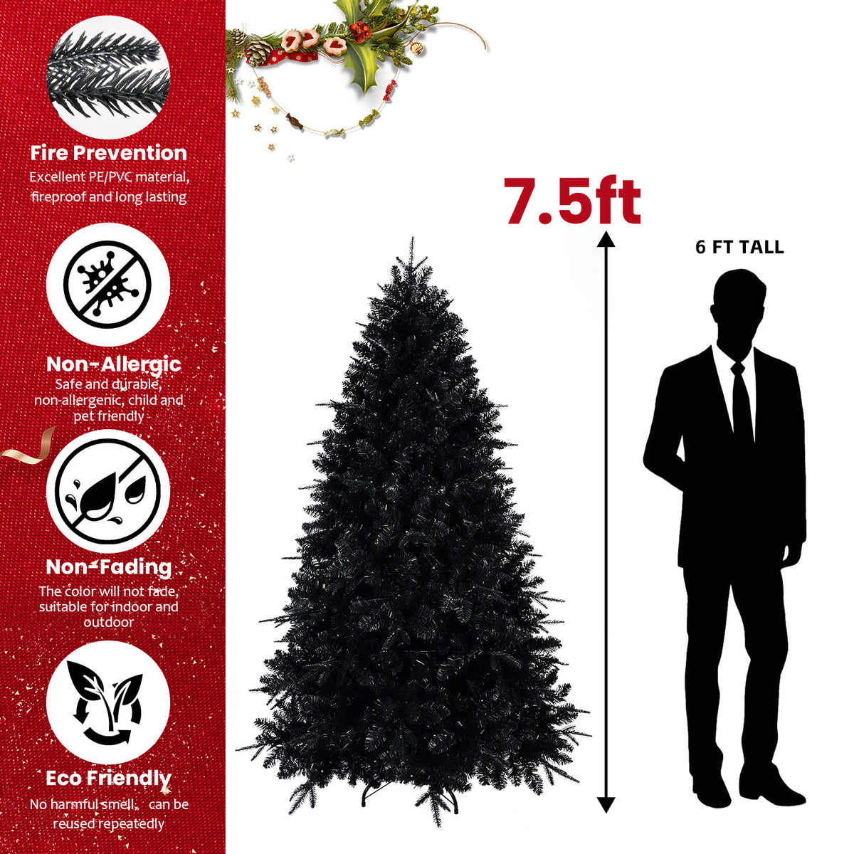 Prelit Black Christmas Tree With White Lights Artificial Fake Christmas Tree With PE&PVC Branch Tips For Halloween And Xmas Tree For Holiday Decorations, Metal Stand And Hinged Branches - Half of 15ft