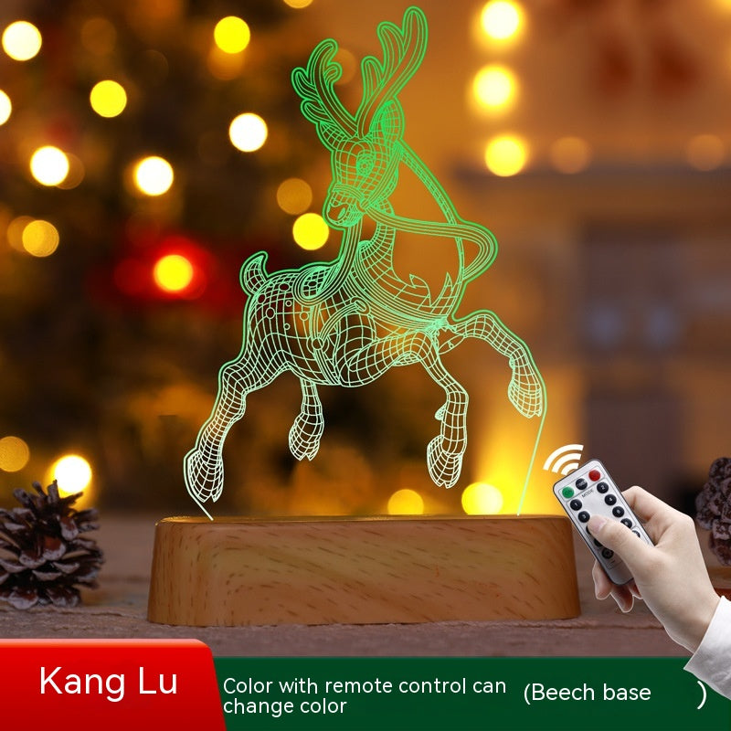Christmas Decoration 3D Lamp Acrylic LED Night Lights New Year Valentines Day Christmas Kids Gift Christmas Ornaments - Elk Color Wood Grain Bottom/Warm White