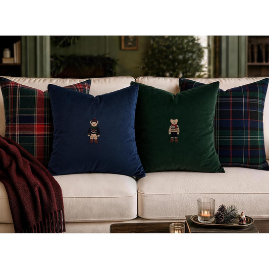 Christmas Decorations Set Of 4 Heritage Throw Pillow Covers, 20x20 Embroidered Bear, Tartan Plaid Pillow Covers, Velvet Pillow Cases, Xmas - GREEN