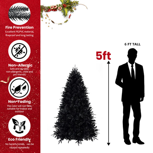 Prelit Black Christmas Tree With White Lights Artificial Fake Christmas Tree With PE&PVC Branch Tips For Halloween And Xmas Tree For Holiday Decorations, Metal Stand And Hinged Branches - 5ft
