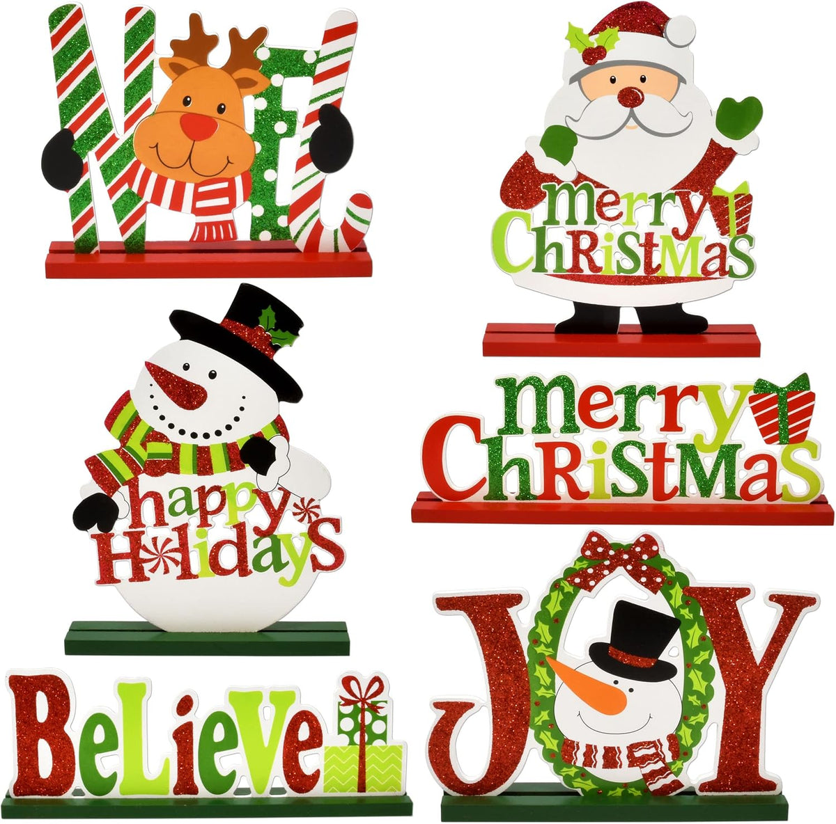 6 Pack Christmas Table Signs, Wooden Holiday Centerpiece Decorations For Dining Table, Mantel, Shelf, Kitchen & Home Decor - MULTI