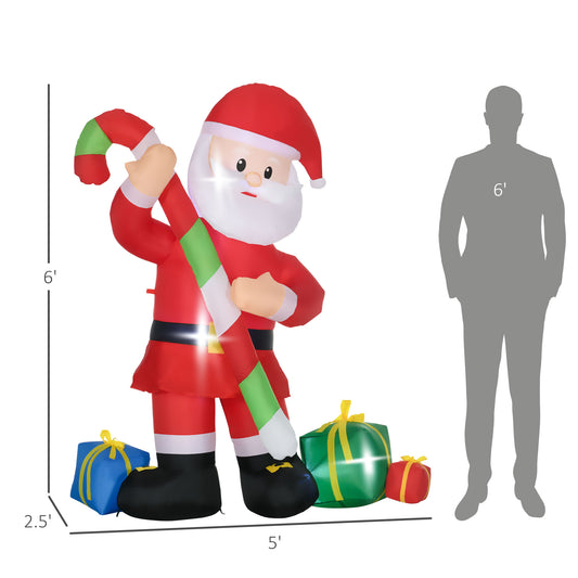 6ft Christmas Inflatables Outdoor Decorationss Decorations Santa Claus With Candy Cane, Blow-Up LED Yard Christmas Decor - Multi Color