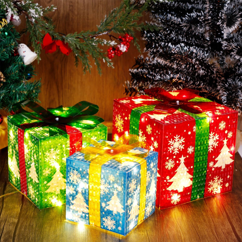 Set Of 3 Lighted Gift Boxes Christmas Decorations, 60 LED Lighted Snowflake Christmas Tree Present Boxes, Christmas Home Gift Box Decorations - Red Green