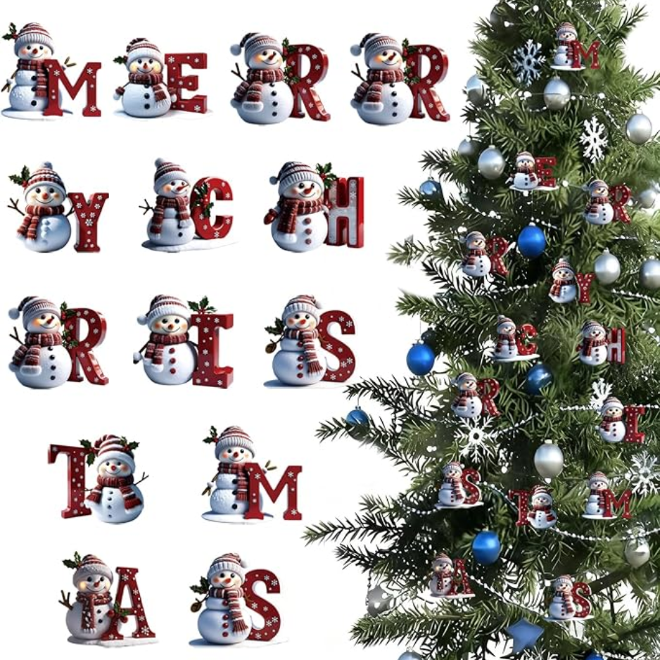 14 Pcs Christmas Snowman Ornaments Decorations Cute Snowman With Red Merry Christmas Letter Designs Mini Xmas Tree Hanging - WHITE