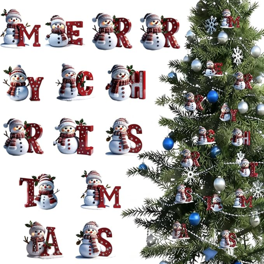 14 Pcs Christmas Snowman Ornaments Decorations Cute Snowman With Red Merry Christmas Letter Designs Mini Xmas Tree Hanging - WHITE