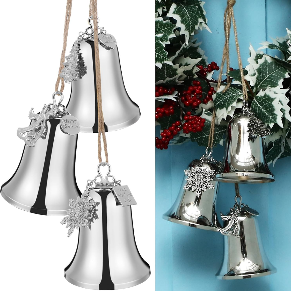 1 Set Large Christmas Bell Ornaments, Silver Metal Hanging Bells With Rope, Xmas Tree Decorations For Indoor & Outdoor - SILVER