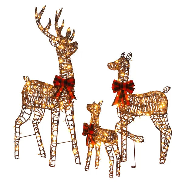 3-Piece Lighted Christmas Reindeer Family Set Outdoor Decorations, Weather Proof Rattan Deer Family Set Of 3 Christmas Ornament Home Decor Pre-lit 290 LED Warm White Lights, 5FT, Brown - Default title