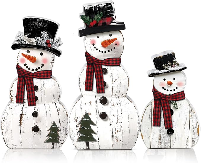 3 Pcs Rustic Wooden Snowman Christmas Decorations, Cute Indoor Holiday Figurines For Tabletop, Mantel, Shelf And Home Decor - White