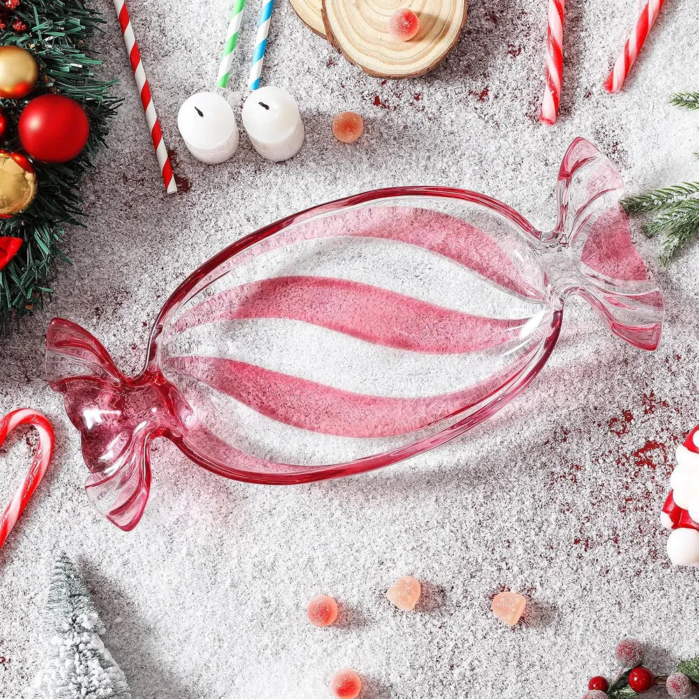 Christmas Candy Glass Plate, Christmas Theme Serving Tray for Holiday Desserts, Cookies & Candy Display, Festive Party Bowl, Red XMAS Decorations Small 9.2x4.3 Inch - Small red/Pink