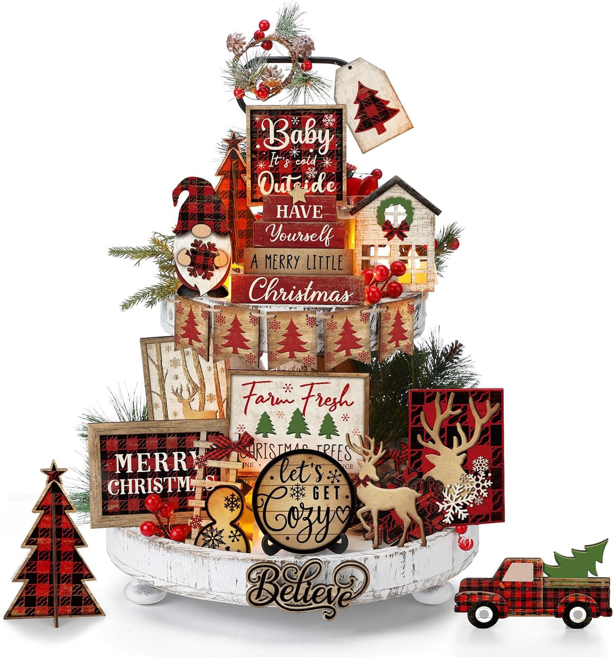 24 Pack Christmas Tiered Tray Decor, Rustic Wooden Buffalo Plaid Holiday Decorations, Festive Tabletop Ornaments For Home & Kitchen - MULTI