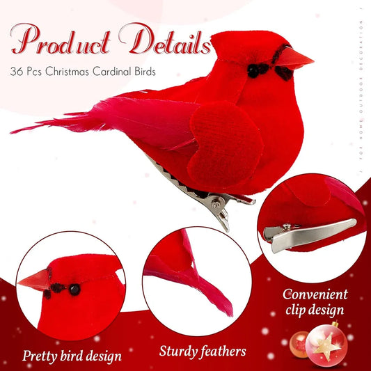 36 Pcs Red Cardinal With Clip On Christmas Tree Mini Ornament Red Feather Faux Birds Decorations Bird Craft Ornament For Christmas Tree Home Outdoor Wreath Arts Decoration(Classic Style) - Sturdy