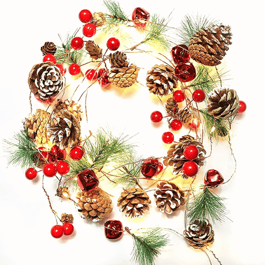 Christmas Garland With Lights, 10 Ft 30 LED Pine Cone Red Berry Decorations - MULTI
