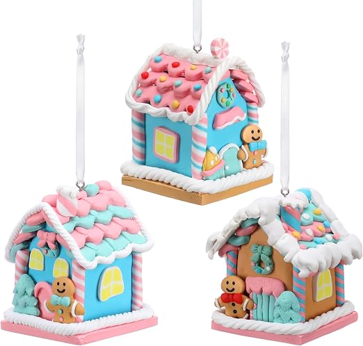3-Piece Pastel Gingerbread House Christmas Tree Ornaments, Cute Decorative Hanging Holiday Decorations - Pastel