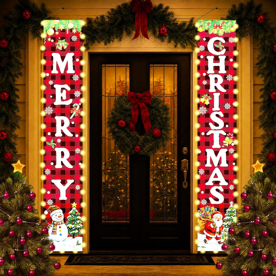 Christmas Decorations Lighted Banner For Door, Snowman&Santa - Merry ChristmasA