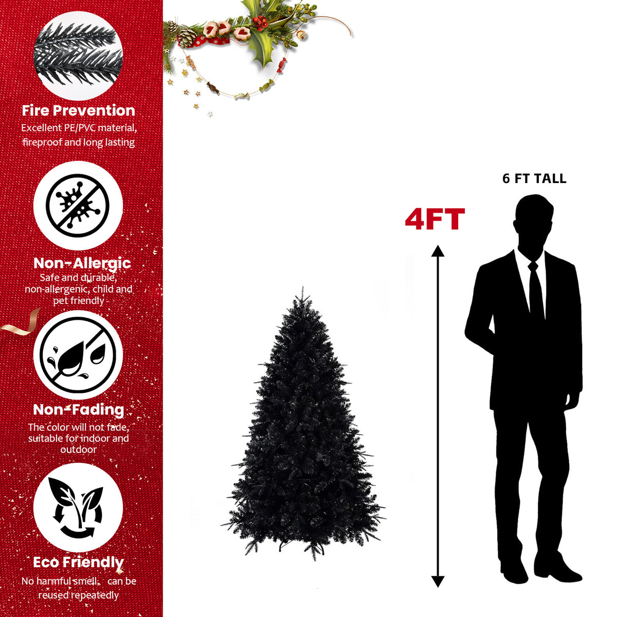 Prelit Black Christmas Tree With White Lights Artificial Fake Christmas Tree With PE&PVC Branch Tips For Halloween And Xmas Tree For Holiday Decorations, Metal Stand And Hinged Branches - 4ft