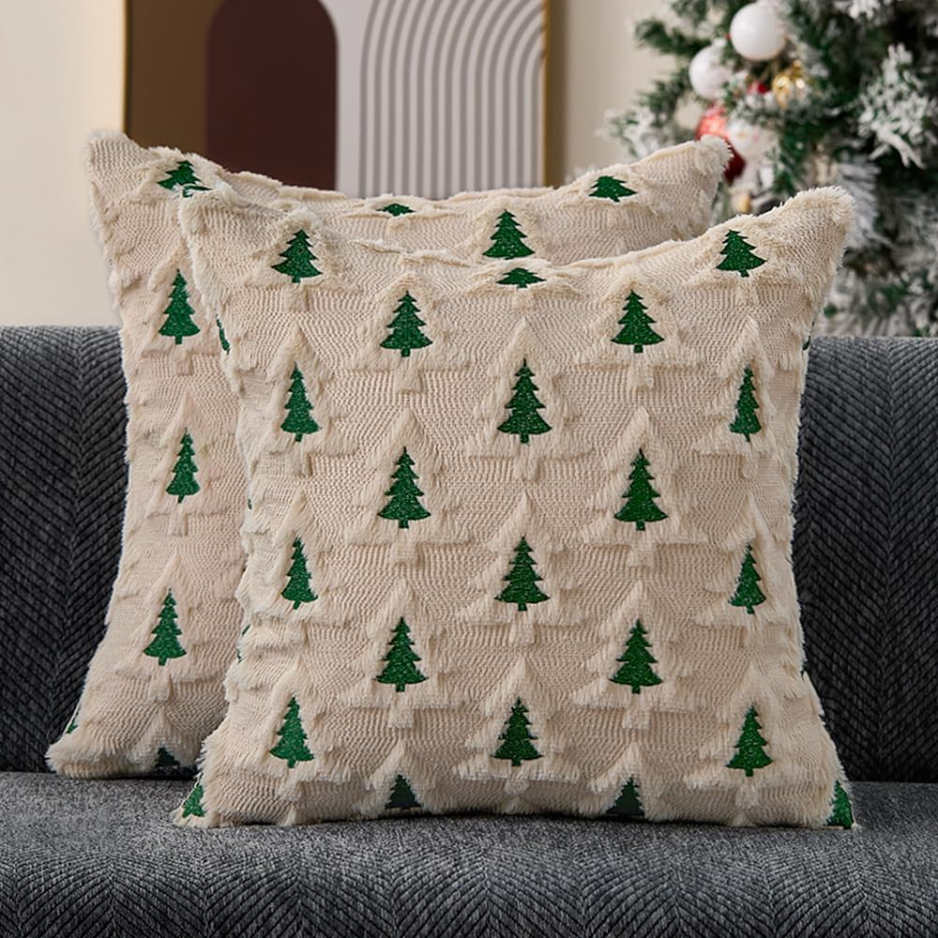 Christmas Pillow Covers 18x18 Set Of 2 Beige Double Xmas Tree Pillow Covers Soft Plush Faux Fur Christmas Decorations For Xmas Winter Holiday Home - WHITE