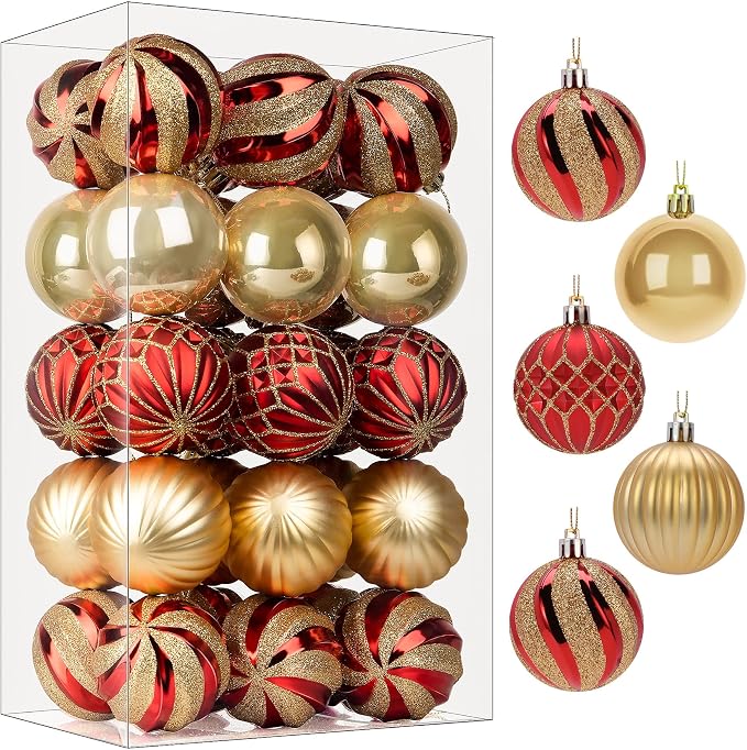 30 Pcs Christmas Tree Ball Ornaments 60mm, Red And Gold Shatterproof Hanging Baubles For Holiday Tree Party Home Decorations - Red  Gold