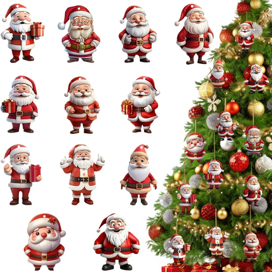 12 Pcs Christmas Tree Ornaments Funny Cartoon Santa Claus Designs Xmas Tree Hanging Decorations Cute - RED
