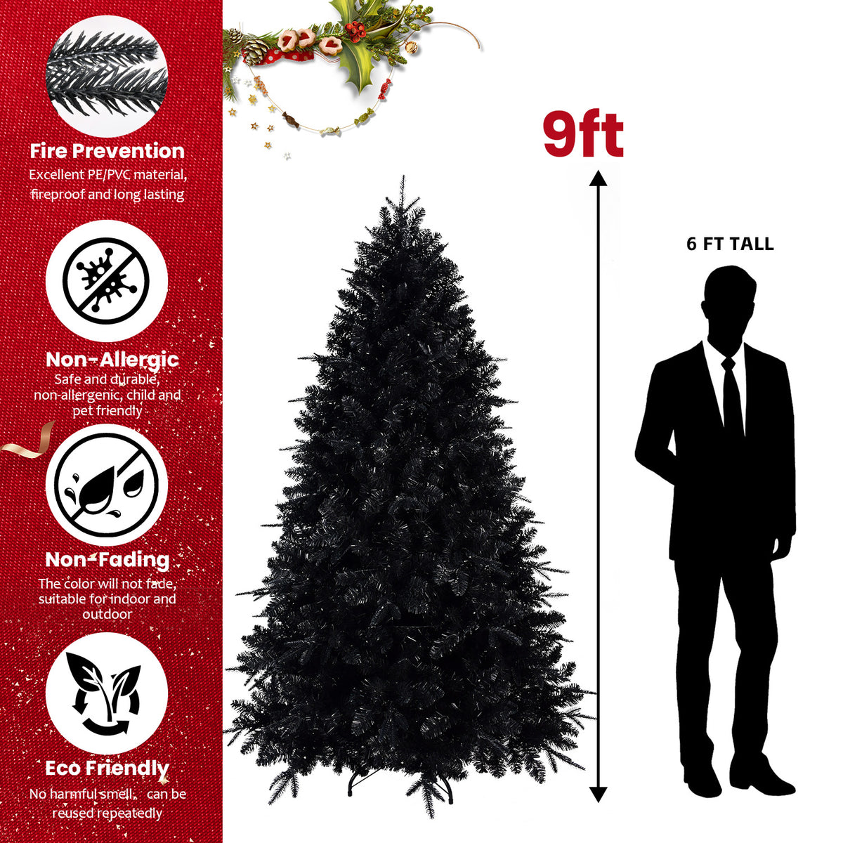 Prelit Black Christmas Tree With White Lights Artificial Fake Christmas Tree With PE&PVC Branch Tips For Halloween And Xmas Tree For Holiday Decorations, Metal Stand And Hinged Branches - 9ft