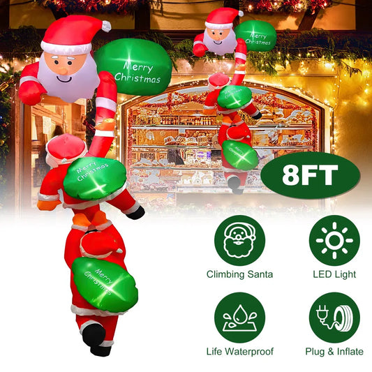 8FT Climbing Inflatable Santa Claus with Light Hanging Blow Up Christmas Inflatable Indoor Outdoor Christmas Decorations 3 Santa Claus 3 Merry Christmas Boards - Multicolor