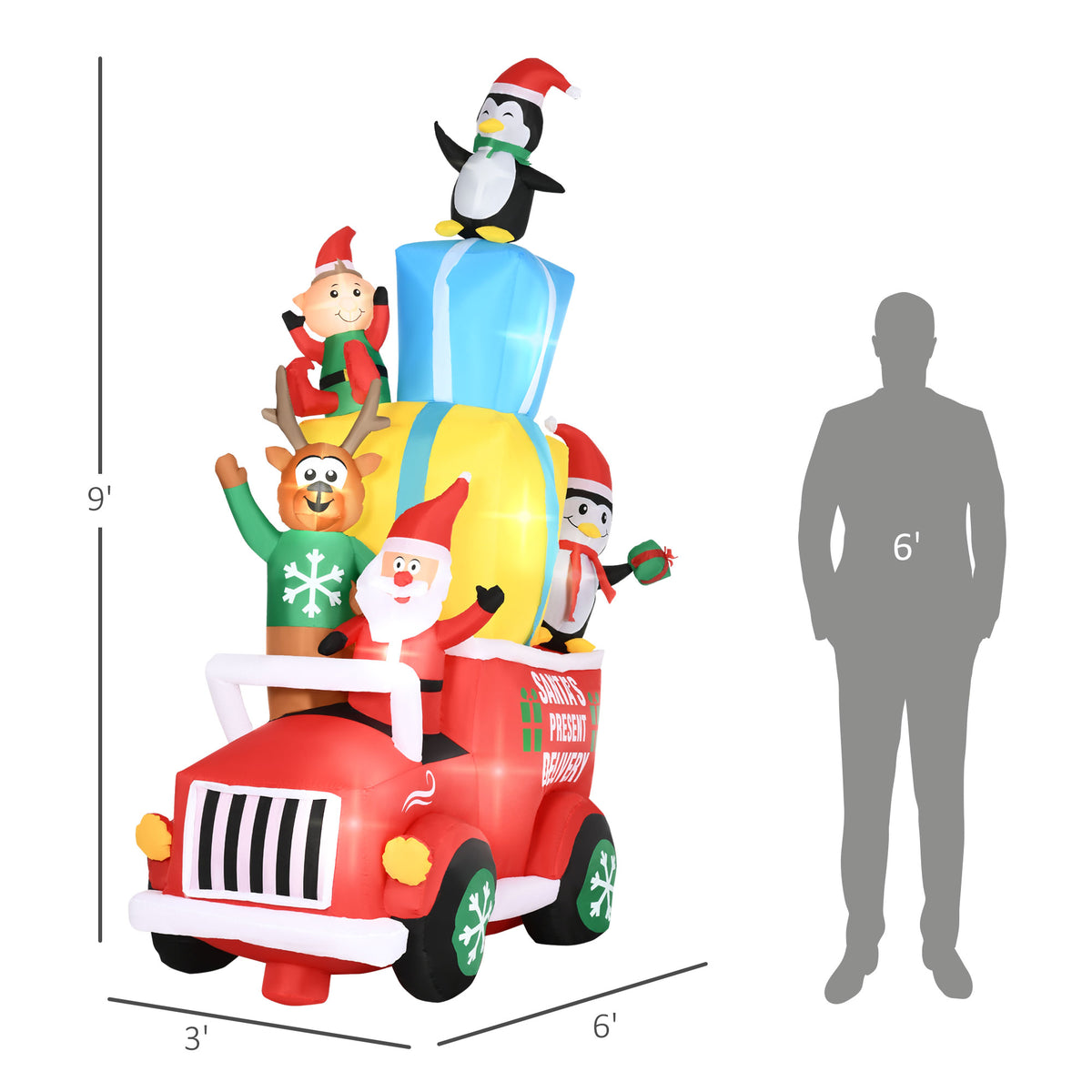 9ft Christmas Inflatables Outdoor Decorations Santa Claus Drives A Gift Car With Elk, Elf And Two Penguins, Blow-Up LED Yard Christmas Decor For Garden, Lawn - Red