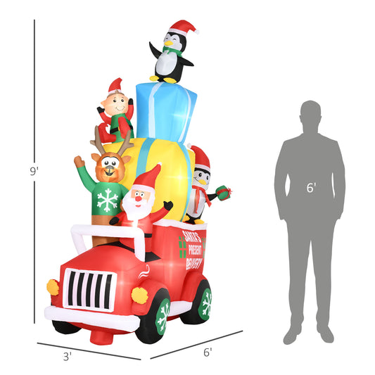 9ft Christmas Inflatables Outdoor Decorations Santa Claus Drives A Gift Car With Elk, Elf And Two Penguins, Blow-Up LED Yard Christmas Decor For Garden, Lawn - Red