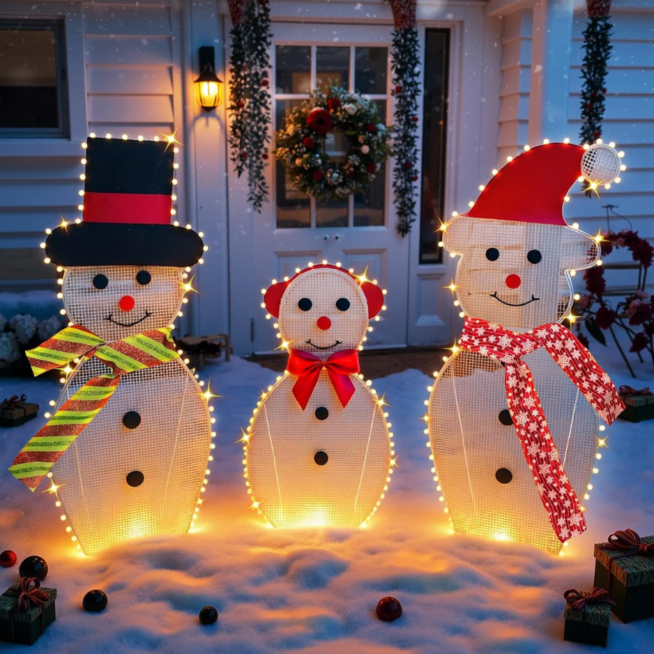 3 Piece Lighted Snowman Christmas Decorations Outdoor Yard  Snow Man Family With 180 LED Lights, Snowman Yard Decorations, Holiday Lawn Garden Porch - WHITE