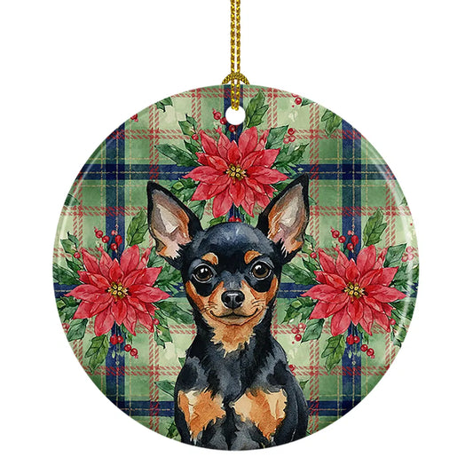 Black and Tan Russian Toy Christmas PoinsettIas Ceramic Ornament Christmas Tree Hanging Decorations for Home Christmas Holiday, Party, Gift, 3 in, Multicolor - Default