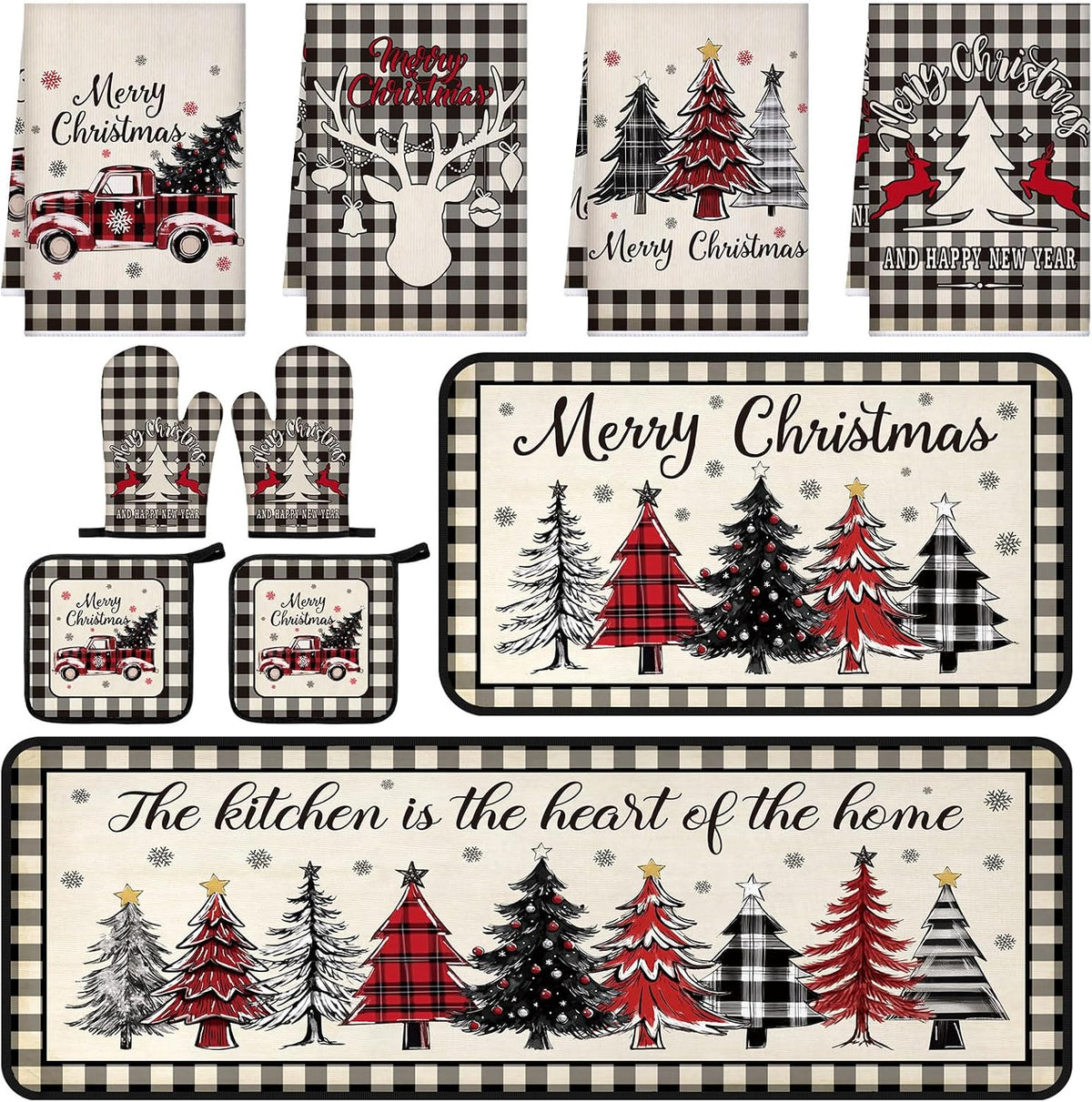 10 Pack Christmas Tree Kitchen Decor Set, Retro Buffalo Plaid Holiday Decorations For Countertop, Table, Shelf, Cabinet & Home - MULTI