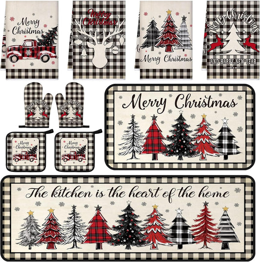 10 Pack Christmas Tree Kitchen Decor Set, Retro Buffalo Plaid Holiday Decorations For Countertop, Table, Shelf, Cabinet & Home - MULTI