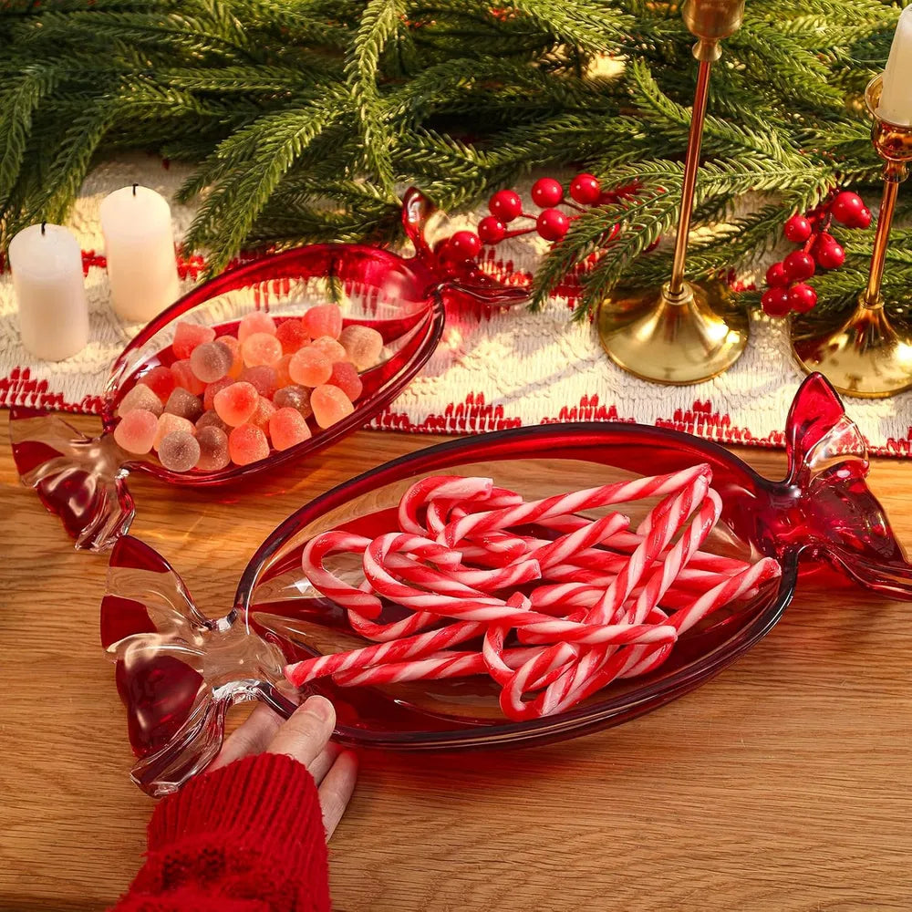 Christmas Candy Glass Plate, Christmas Theme Serving Tray for Holiday Desserts, Cookies & Candy Display, Festive Party Bowl, Red XMAS Decorations Small 9.2x4.3 Inch - Small red/red