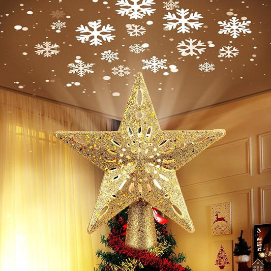 Christmas Star Tree Topper With Snowflake Projector Lights, Illuminated Holiday Tree Topper For Christmas Home Party Decorations - Golden Star