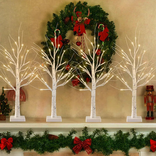 2-Pack 2FT Lighted Birch Tree with Timer for Christmas Decorations Indoor, Artificial Birch Tree with 48 LED Warm White Lights, Fairy Light Tabletop Centerpiece Tree for Christmas Winter Deocrations - 4 Pack