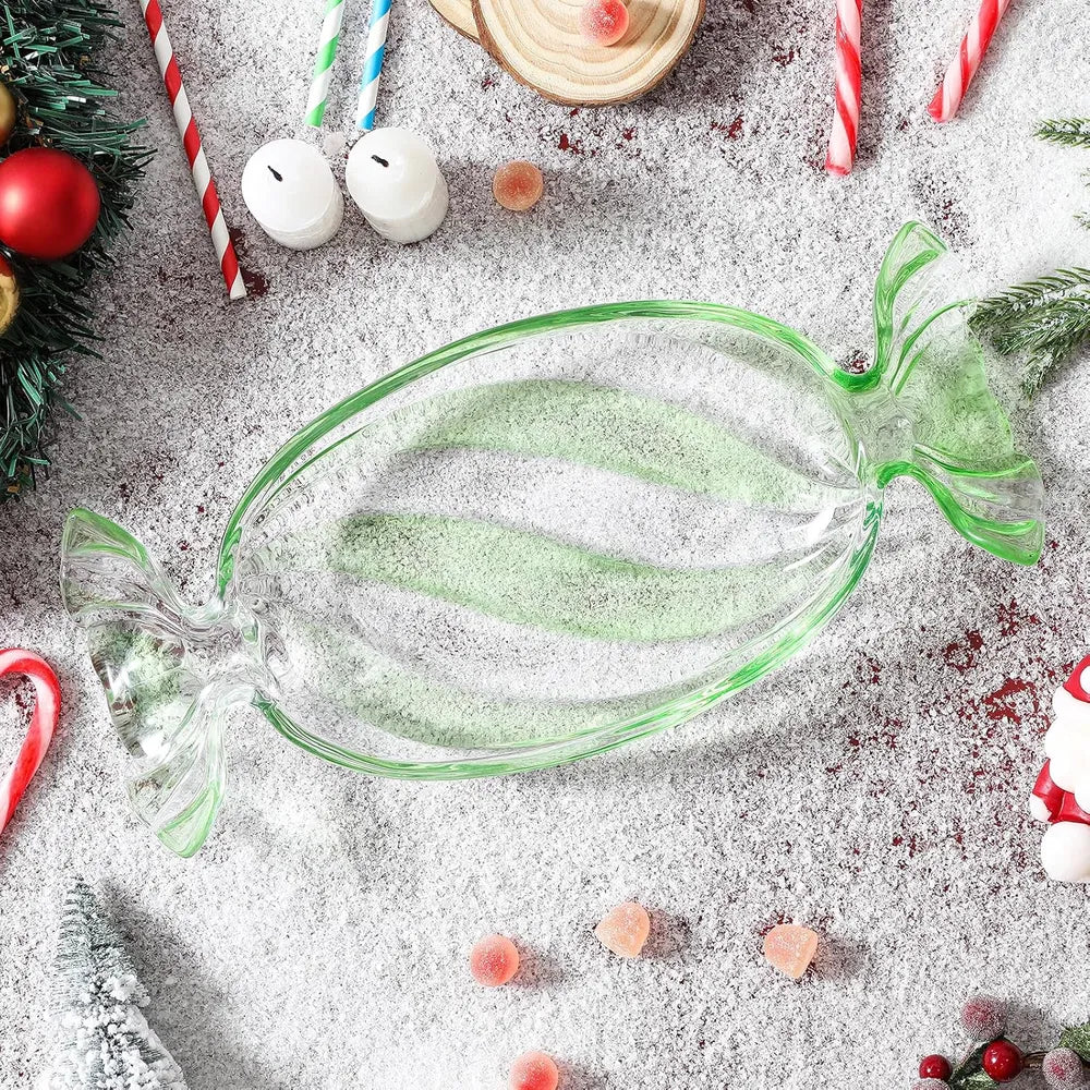 Christmas Candy Glass Plate, Christmas Theme Serving Tray for Holiday Desserts, Cookies & Candy Display, Festive Party Bowl, Red XMAS Decorations Small 9.2x4.3 Inch - Small red/Green