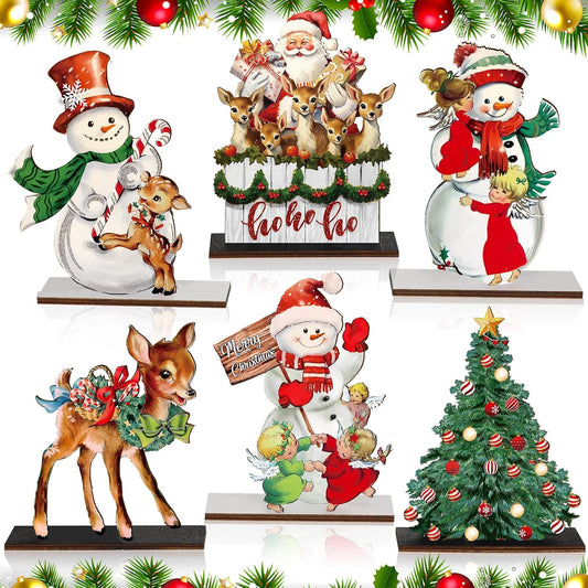 6 Pack Christmas Table Decorations, Wooden Snowman & Reindeer Centerpieces, Vintage Xmas Tree & Santa Signs For Home, Kitchen & Shelf - MULTI
