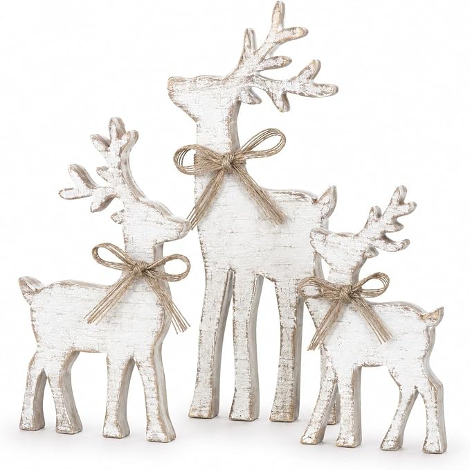 3 Pcs Christmas Reindeer Decorations, Cute Holiday Deer Figurines For Indoor Home Decor, Tabletop, Mantel, Shelf And Fireplace - Cream