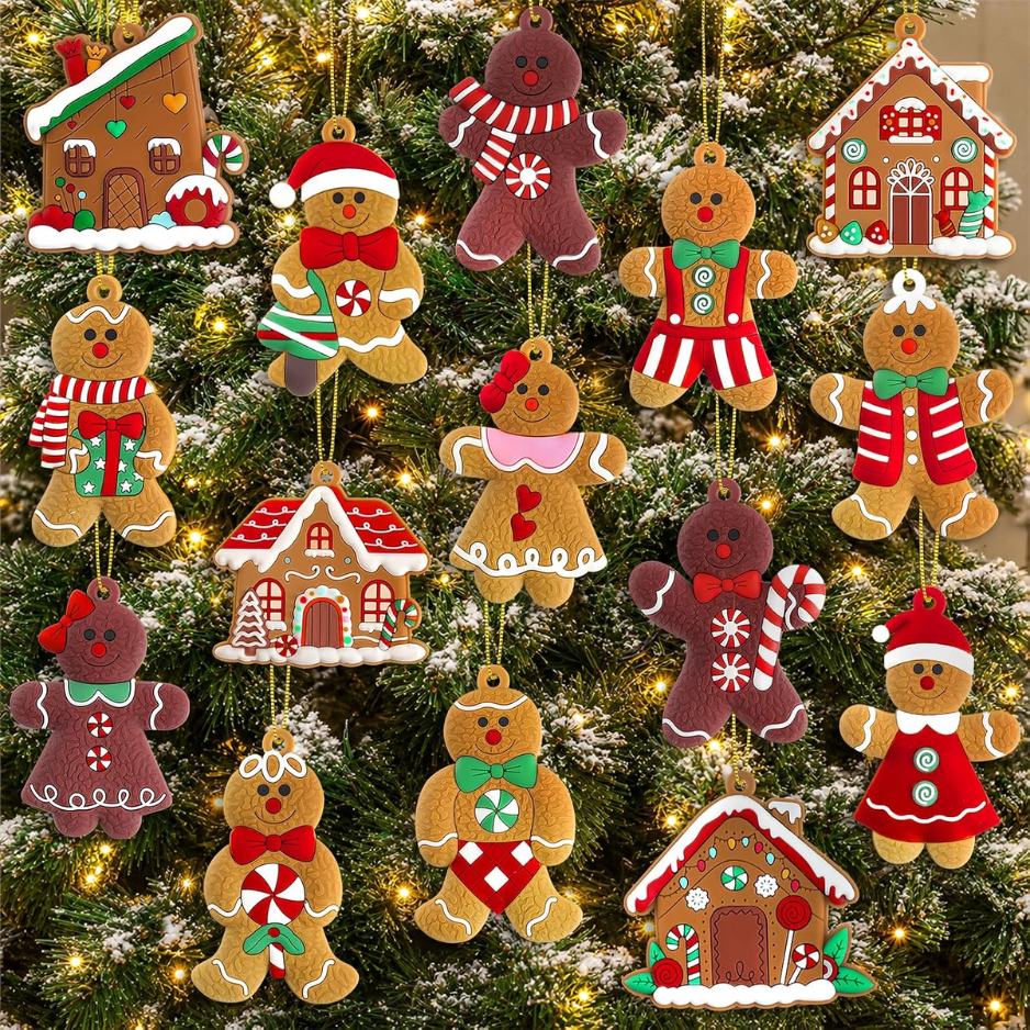 16pcs Gingerbread Man Ornaments For Christmas Tree Decorations 3 Inch Tall, Soft PVC, Kids Unbreakable Ornament - BROWN