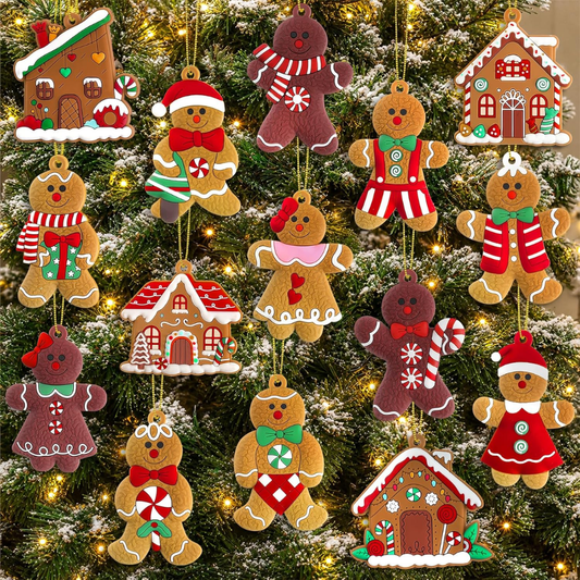 16pcs Gingerbread Man Ornaments For Christmas Tree Decorations 3 Inch Tall, Soft PVC, Kids Unbreakable Ornament - BROWN