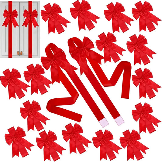 18 Pcs Christmas Cabinet Door Ribbons Bows 8 X 40 Inches Large Christmas Wreath Tree Bow For Gift Xmas Cabinets Furniture Kitchen Wrapping Party Decorations (Red) - red