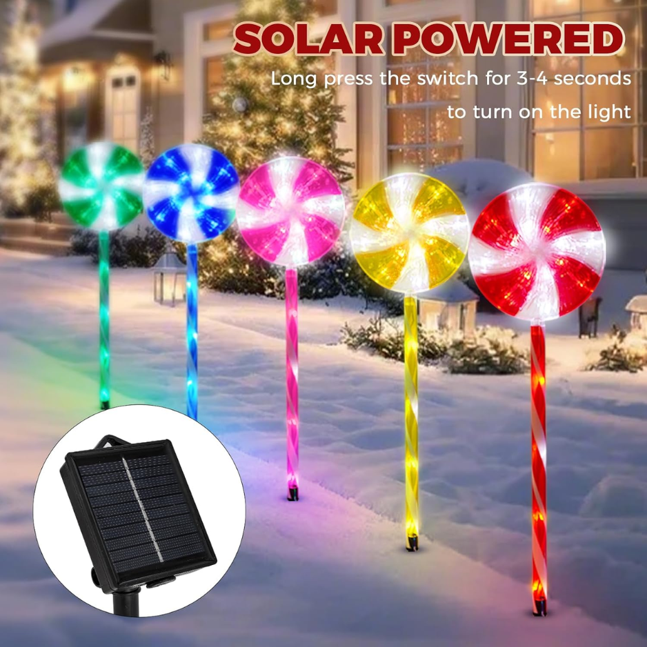 Outdoor Christmas Decorations, Lollipop Pathway Lights, 5 PackSolar Pathway Lights, Lollipop Stakes, 8 Modes, Waterproof, Candy Cane Walkside - MULTICOLOR